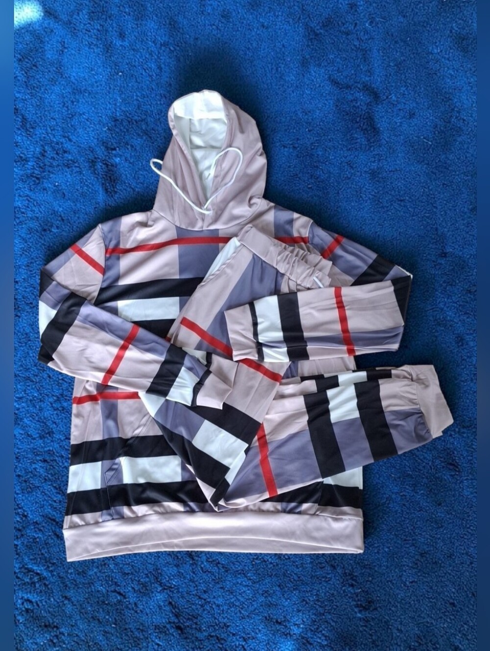 Luxury Style Striped Hooded Sweatshirt & Jogger Set in Beige, Black, Red
